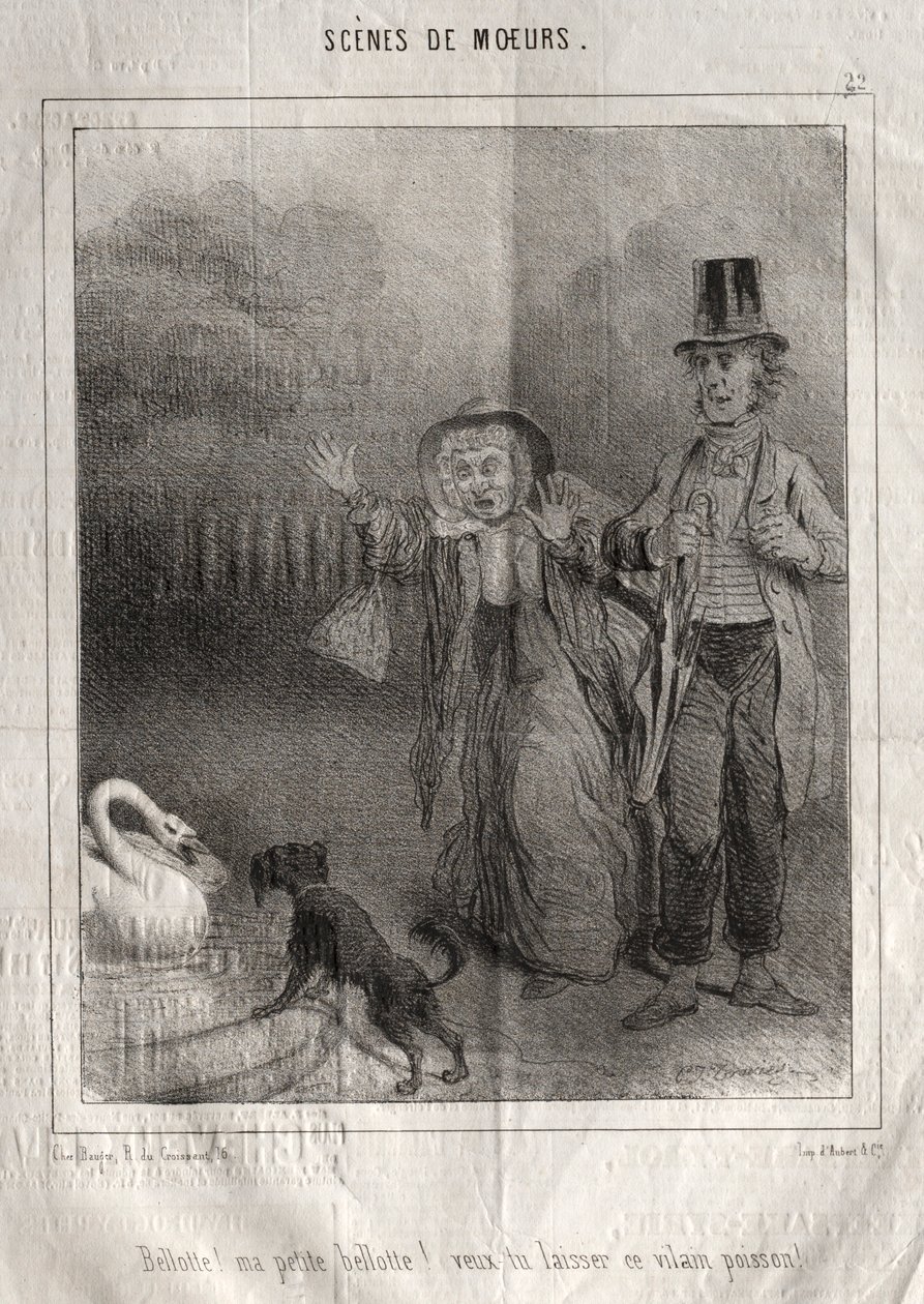 Scener av sätt: Bellotte! min lilla Bellote! vill du lämna denna fula fisk!. av Charles Joseph Traviès de Villers