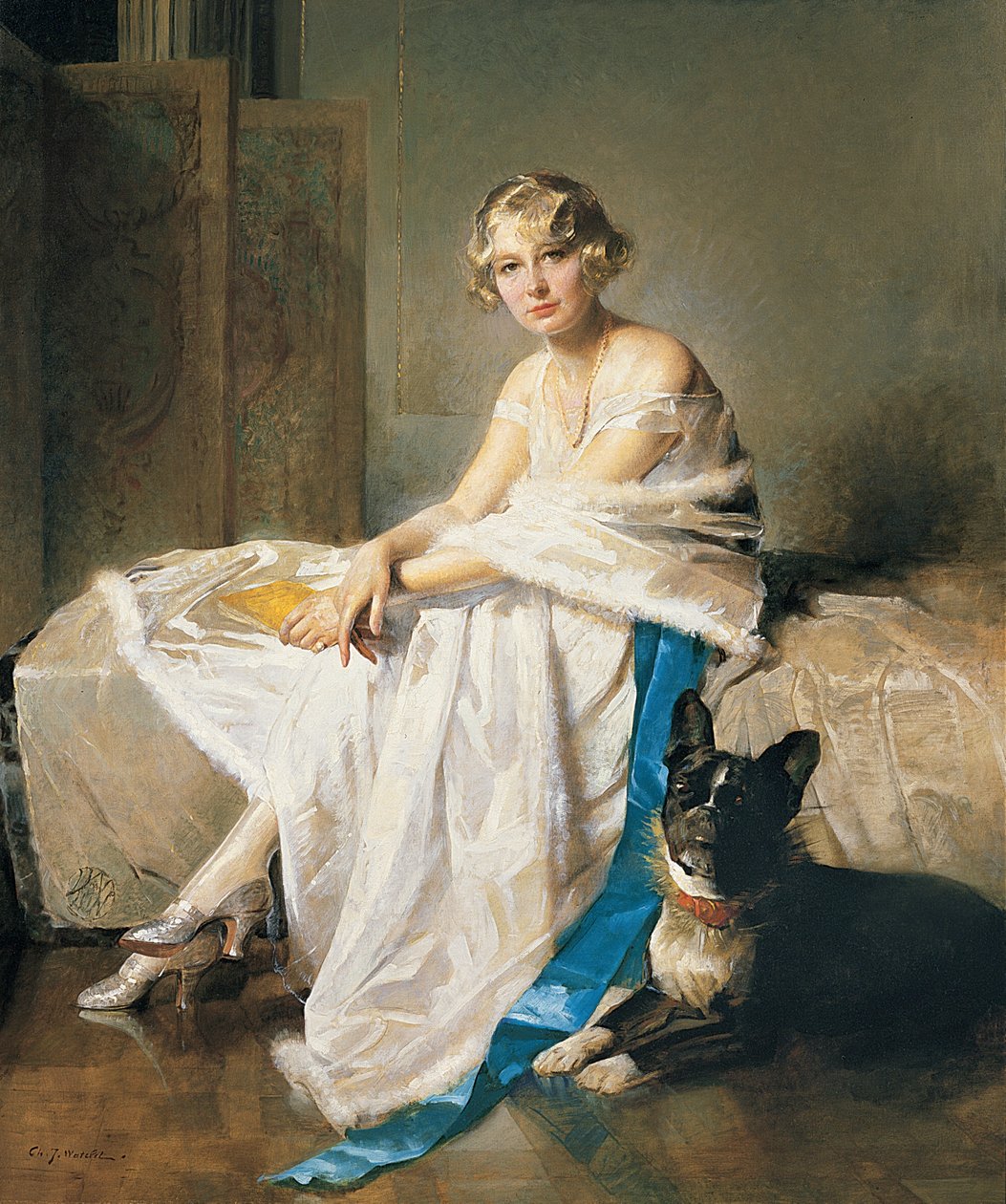 En elegant dam med sin franska bulldog i en interiör, ca 1925 (olja på duk) av Charles Joseph Watelet