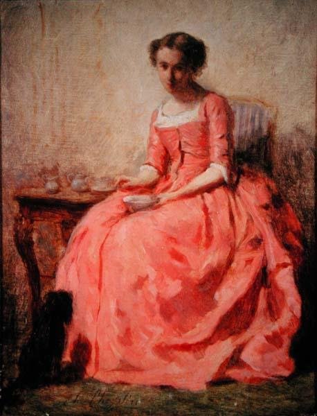Flicka i en rosa klänning vid ett bord (olja på duk) av Charles Joshua Chaplin
