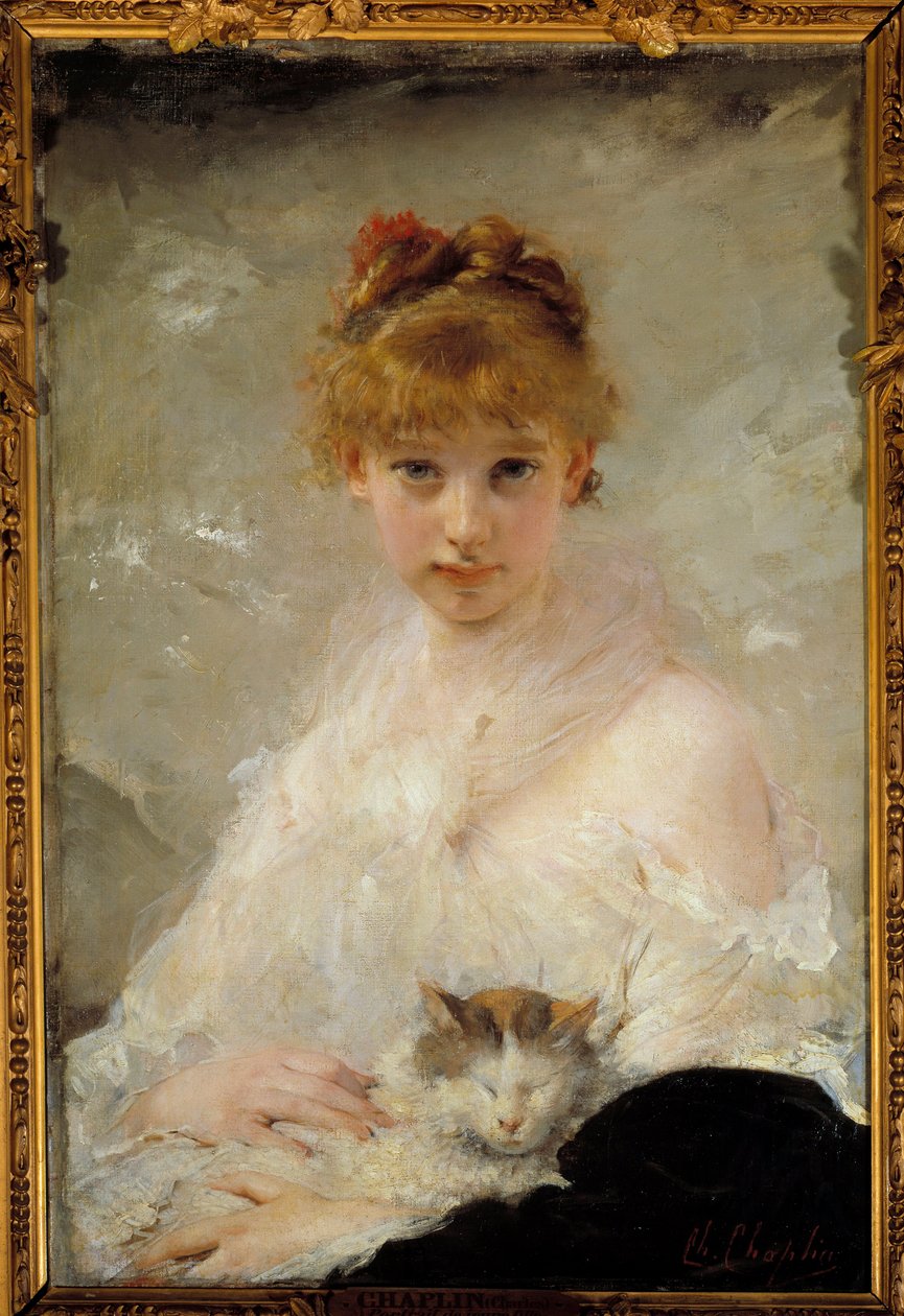 Ung flicka med katt Målning av Charles Chaplin (1825-1891) 1800-talets Compiegne, National Museum of the Castle av Charles Joshua Chaplin