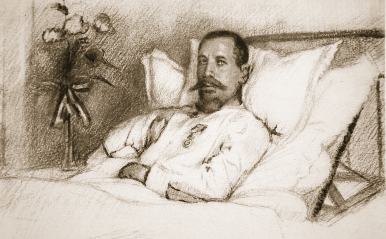 En ledare vars sårade Sir Ian Hamilton har kallat en katastrof: General Gouraud, på sjukhus i Paris, från The Illustrated War News, 1915 litho av Charles Jules Duvent