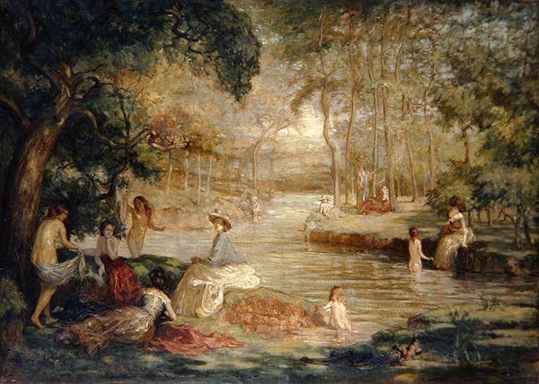 Badande: Kvinnliga badande vid en flod av Charles Julian Tharp