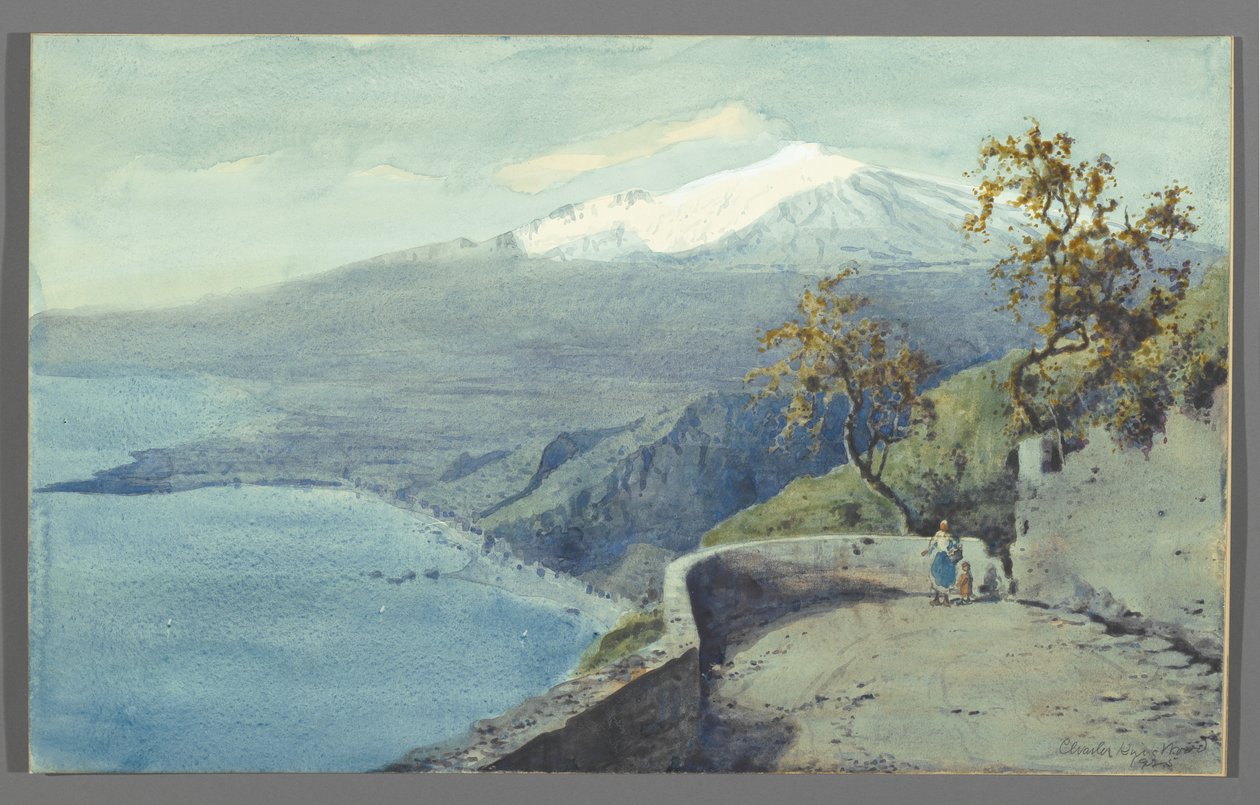 Utsikt över Etna från Taormina, Sicilien, 1925 (wc på papper monterad på kartong) av Charles King Wood