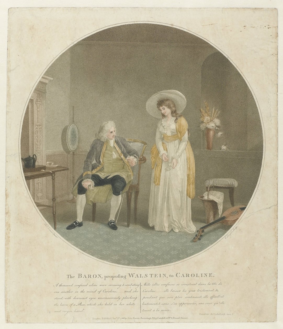 Kvinna med en vit ros och en man på en stol Baronen, som friar Walstein, till Caroline (titel på objekt) av Charles Knight