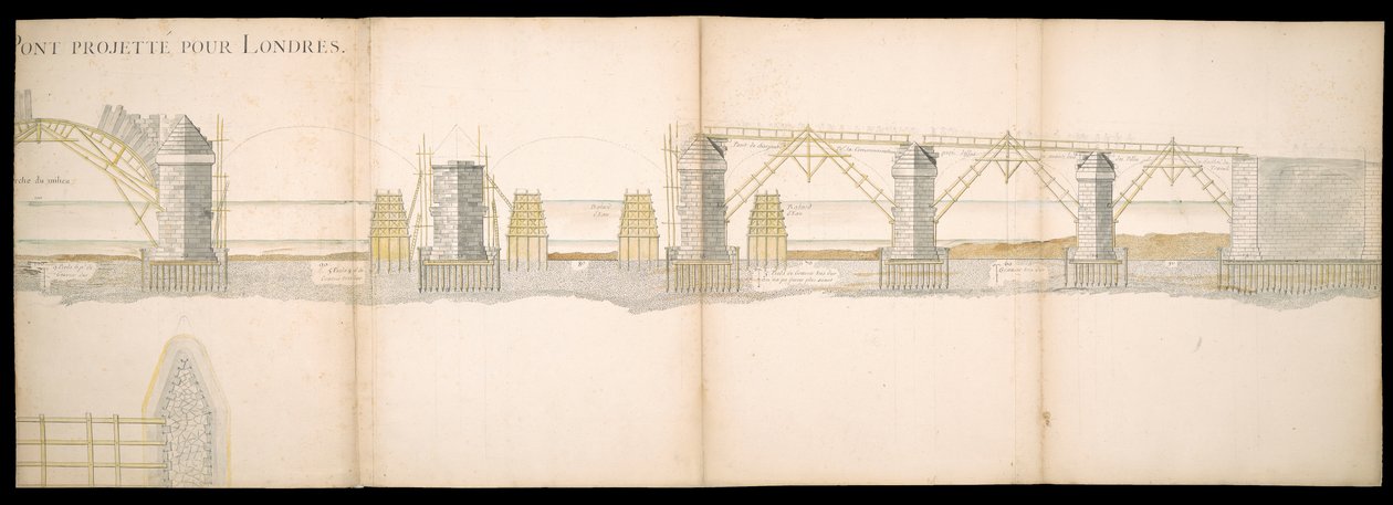 Design av den projekterade bron över Themsen i London, BL Kartor C.49.e.76 av Charles Labelye