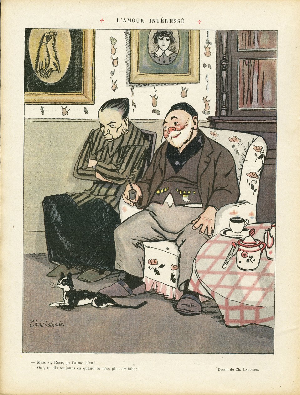 Illustration av Chas-Laborde (1886-1941) i Le Rire, 05/04/13 - Intresserad kärlek - Kärlek, Rökning, Inredningsarkitektur, Gastronomi kock, Tredje åldern, Tobak - Katt av Charles Laborde