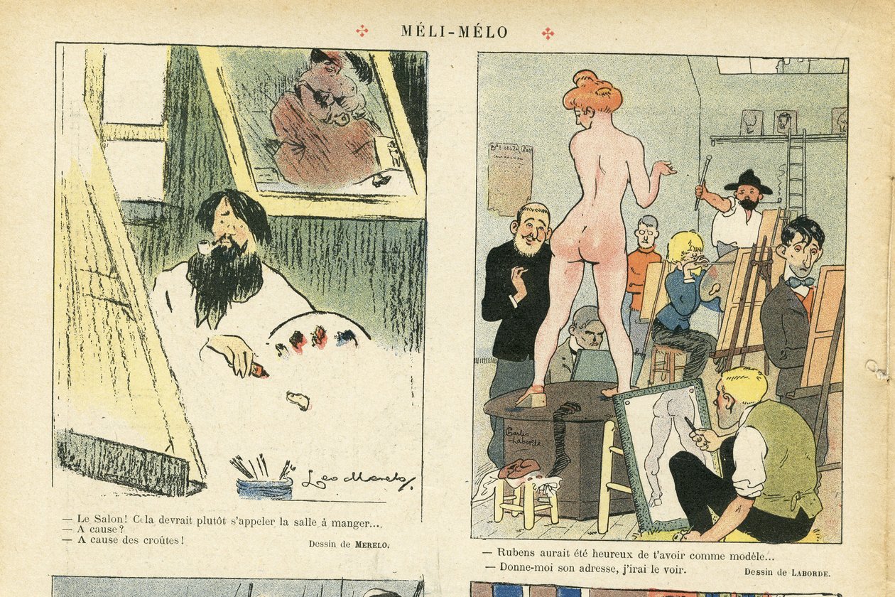 Illustration av Chas-Laborde (1886-1941) i Le Rire, 21/03/08 - Meli-Melo - Konst, undervisning, naken - Modell (som poserar) av Charles Laborde