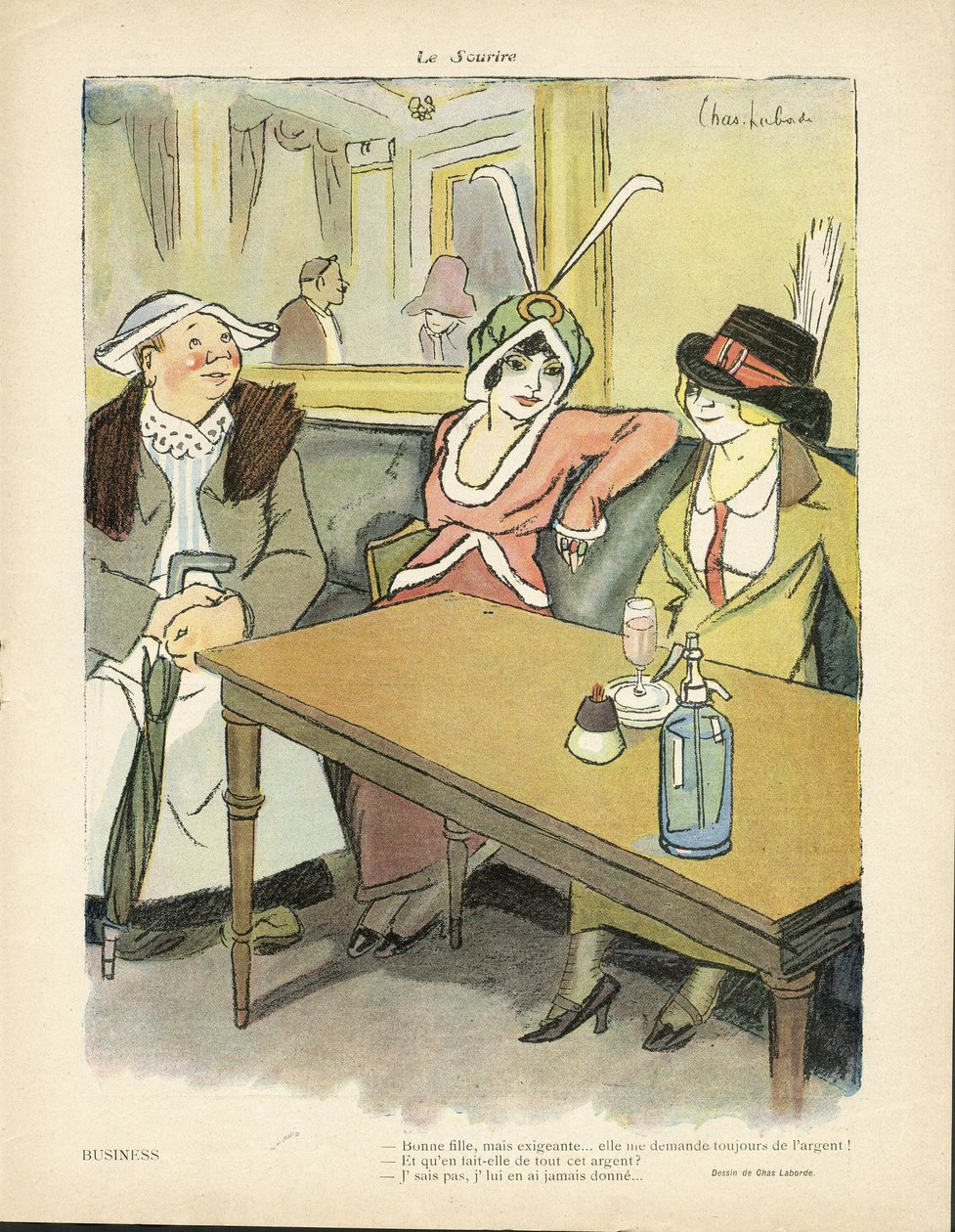 Illustration av Chas-Laborde (1886-1941) i Le Smile, nr 9, 27/02/13 - Företag - Restaurangkaféer, Mode, Hatt - Cupidite, Girighet - Kvinnor av Charles Laborde