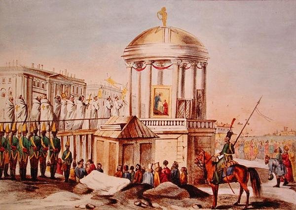 Vattnets välsignelse i St. Petersburg, ca 1820 (färg litho) av Charles Lasteyrie du Saillant