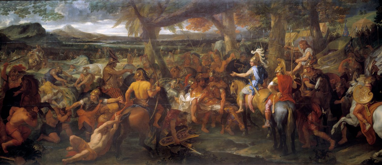 Alexander och Porus. År 327 f.Kr. fortsatte Alexander den store sin erövring mot Indusdalen. År 326 f.Kr. besegrade han Puru (eller Poros, kung av Paurava-stammen på 300-talet f.Kr.) och hans armé av krigselefanter i slaget vid Hydaspe. Målar av av Charles Le Brun