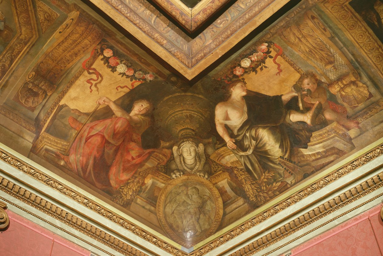Tak på Hôtel La Rivière detalj av Erato och Terpsichore, 1653 olja på duk av Charles Le Brun