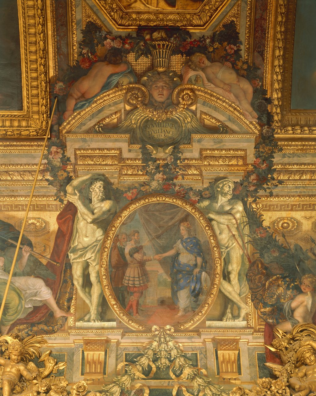 Detalj av dekorationer av Charles Le Brun (1619-1690), Spegelsalen, Palace of Versailles (UNESCOs världsarvslista av Charles Le Brun