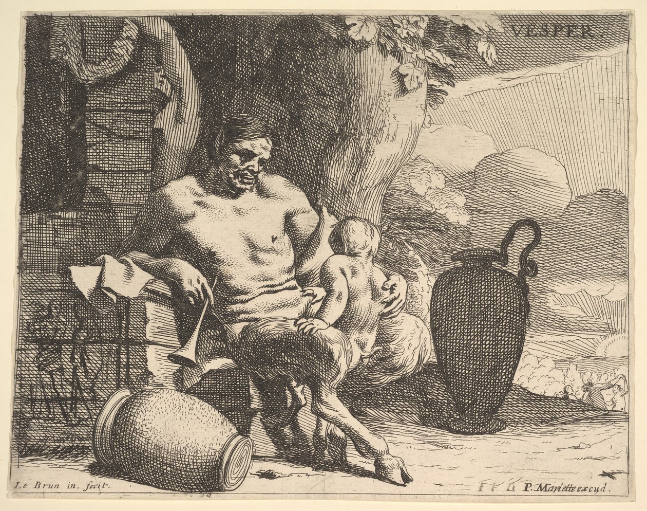 Kväll: en sittande satyr spänner om sitt barn, en figur hänger en girland på en brygga bortom, f..., ca. 1640. av Charles Le Brun