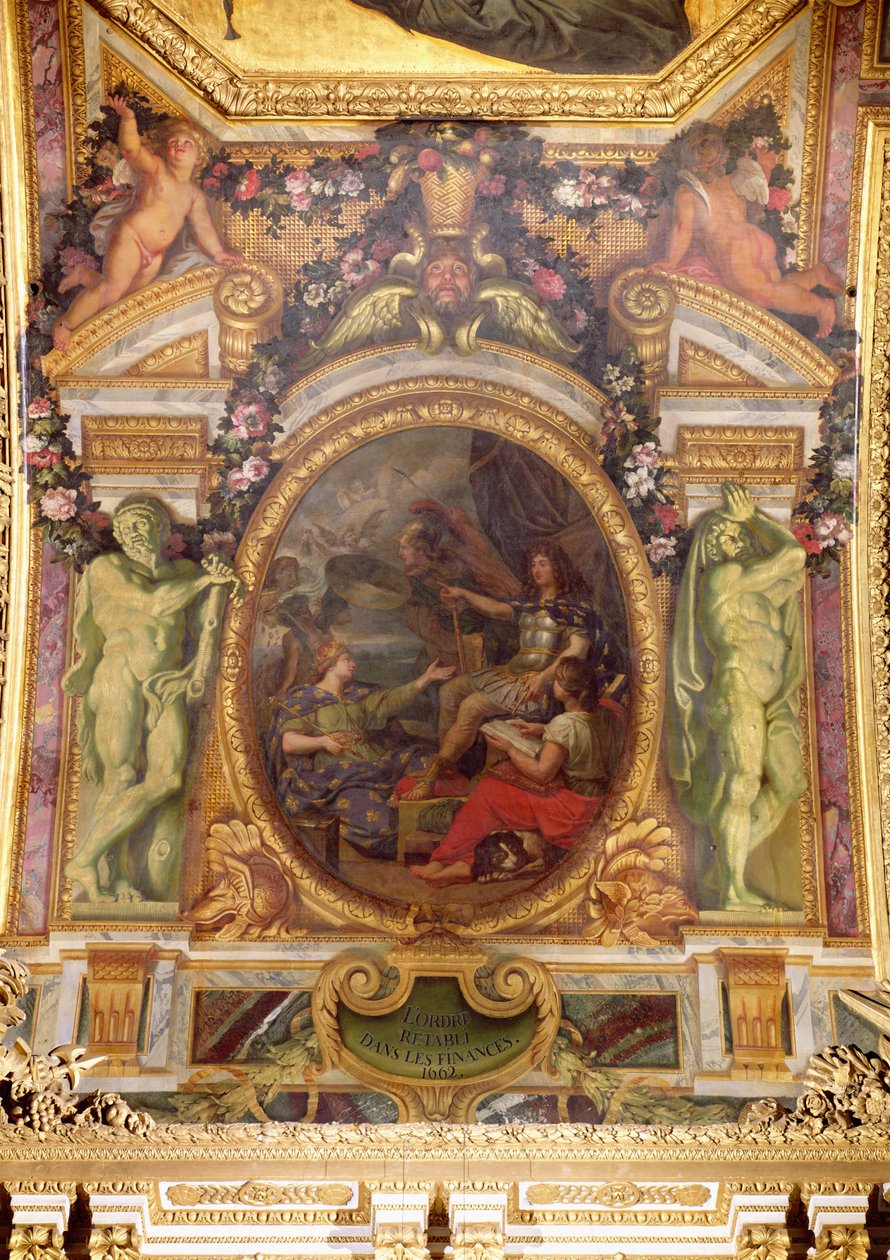Finansiell ordning återvunnen 1662, takmålning från Galerie des Glaces av Charles Le Brun