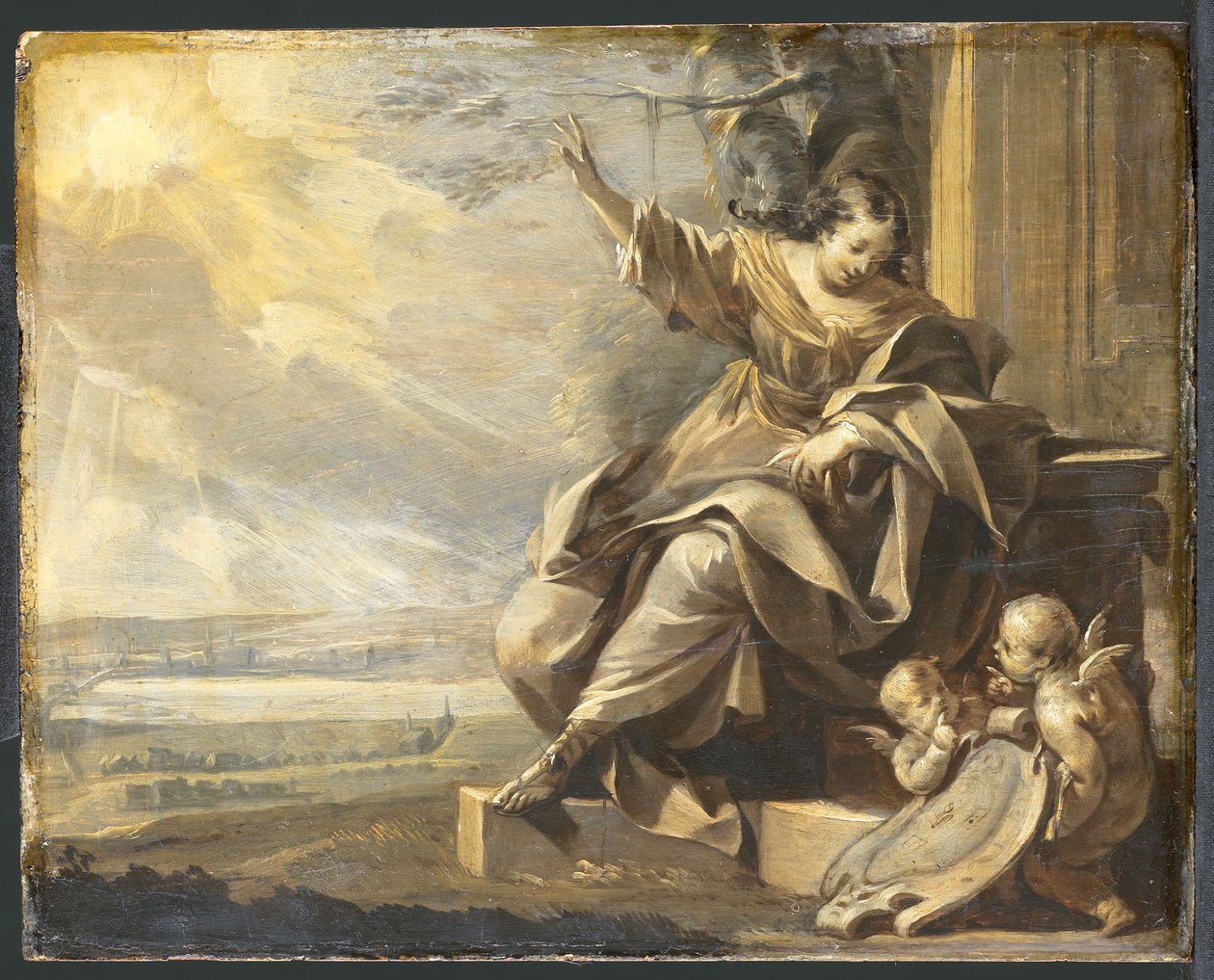 Tyska: Sittande kvinnofigur med två putti och flodlandskap, Grisaille Allegorisk kvinnofigur med två putti av Charles Le Brun