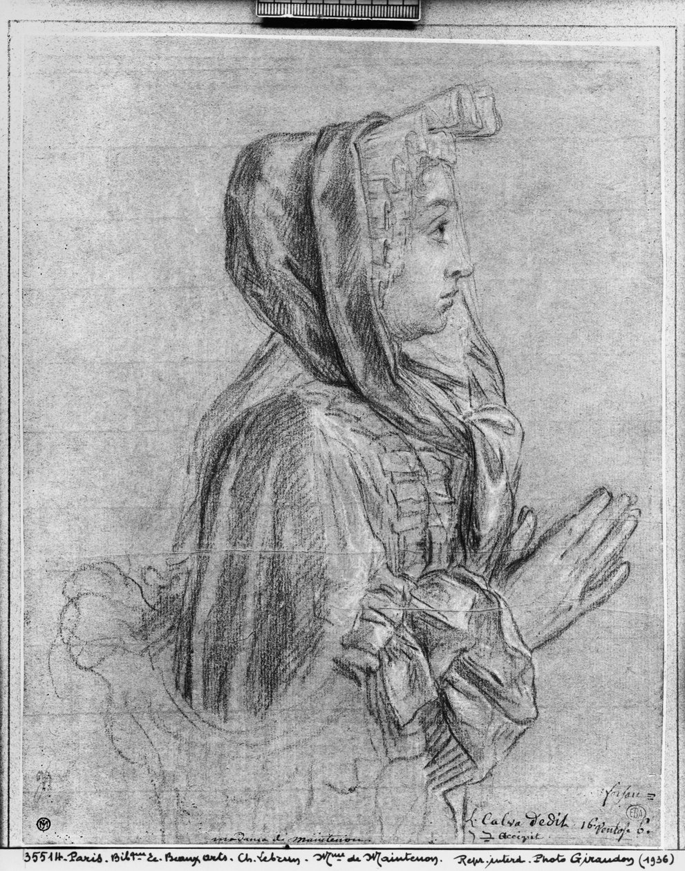 Halvlængde profil af en kvinde med spændte hænder, kendt som Madame de Maintenon (pierre noire og kridt på brunt papir) swed av Charles Le Brun