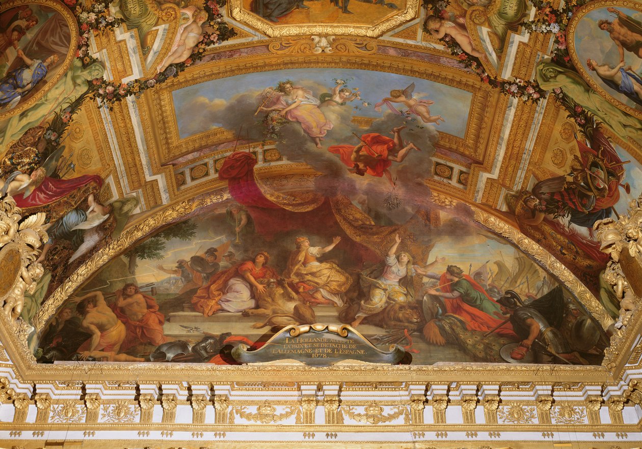 Holland accepterar fred och lösgör sig från det heliga romerska riket och från Spanien 1678, takmålning från Galerie des Glaces av Charles Le Brun