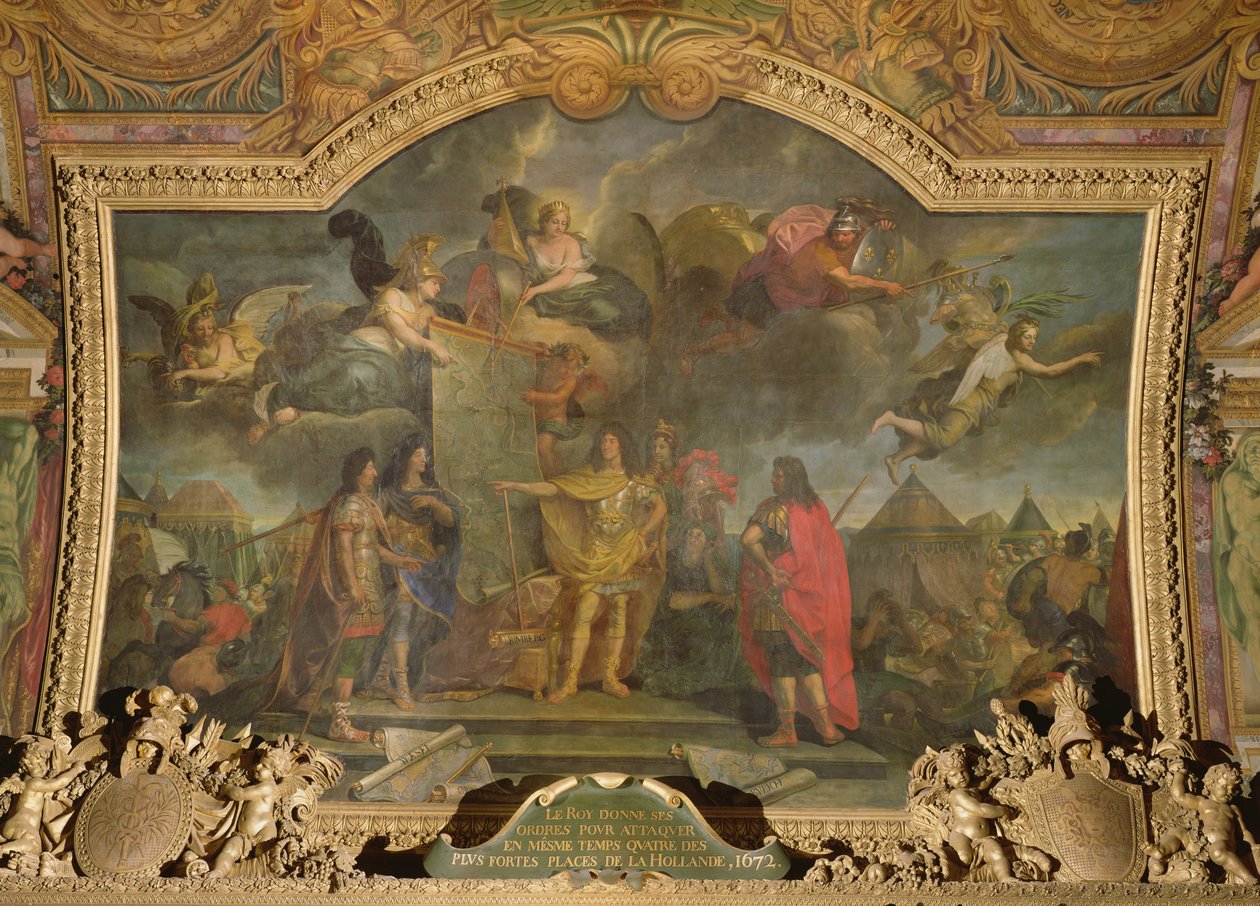Kung Ludvig XIV (1638-1715) ger order om att samtidigt attackera fyra av de starkaste holländska positionerna 1672, takmålning från Galerie des Glaces av Charles Le Brun