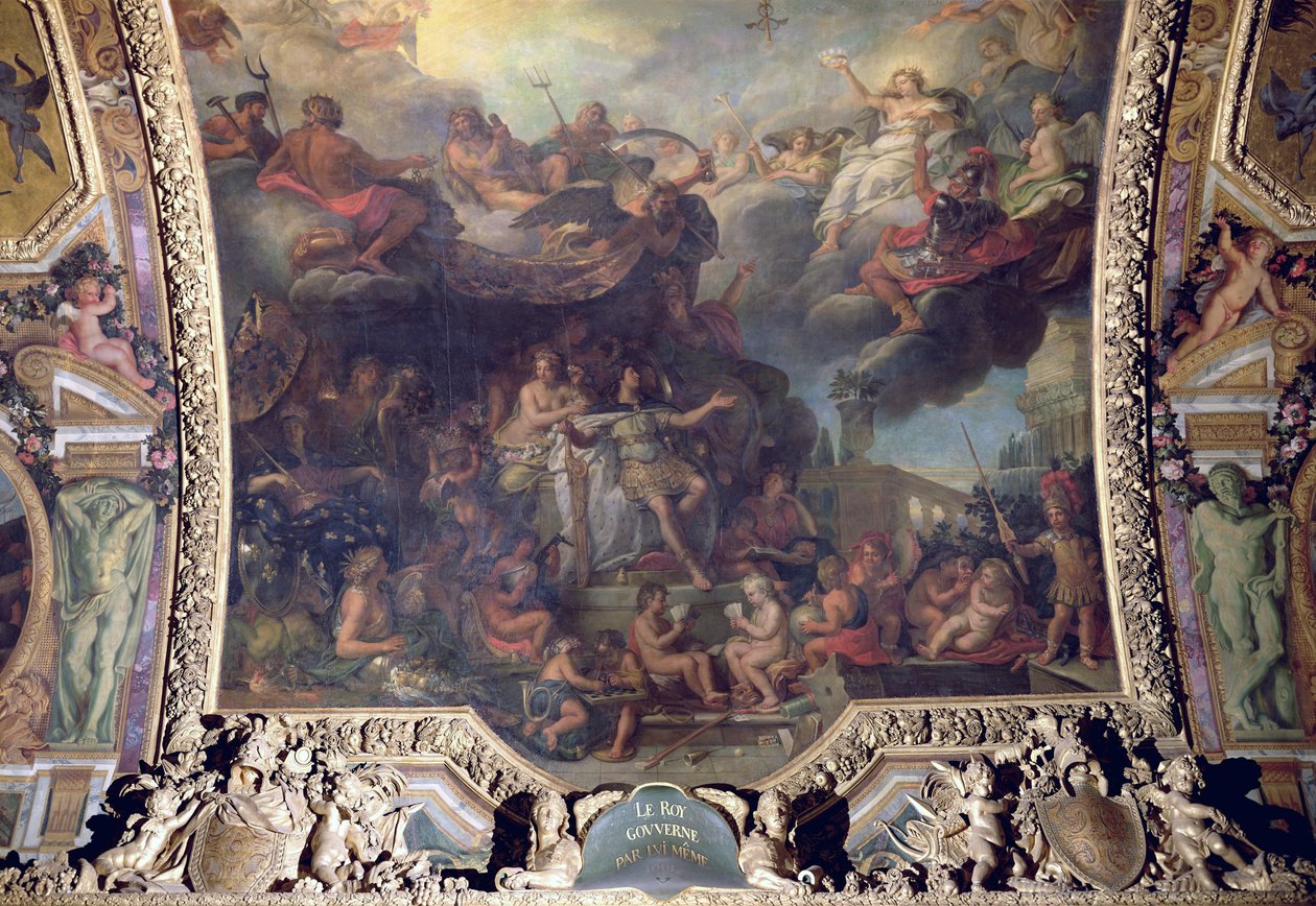 Kung Ludvig XIV (1638-1715) Regerade ensam 1661, takmålning från Galerie des Glaces av Charles Le Brun