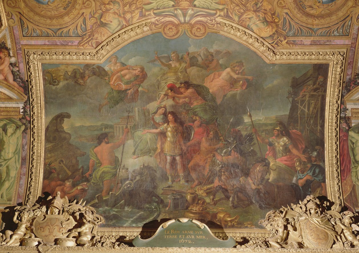 Kung Ludvig XIV (1638-1715) tar till vapen på land och till sjöss 1672, takmålning från Galerie des Glaces av Charles Le Brun