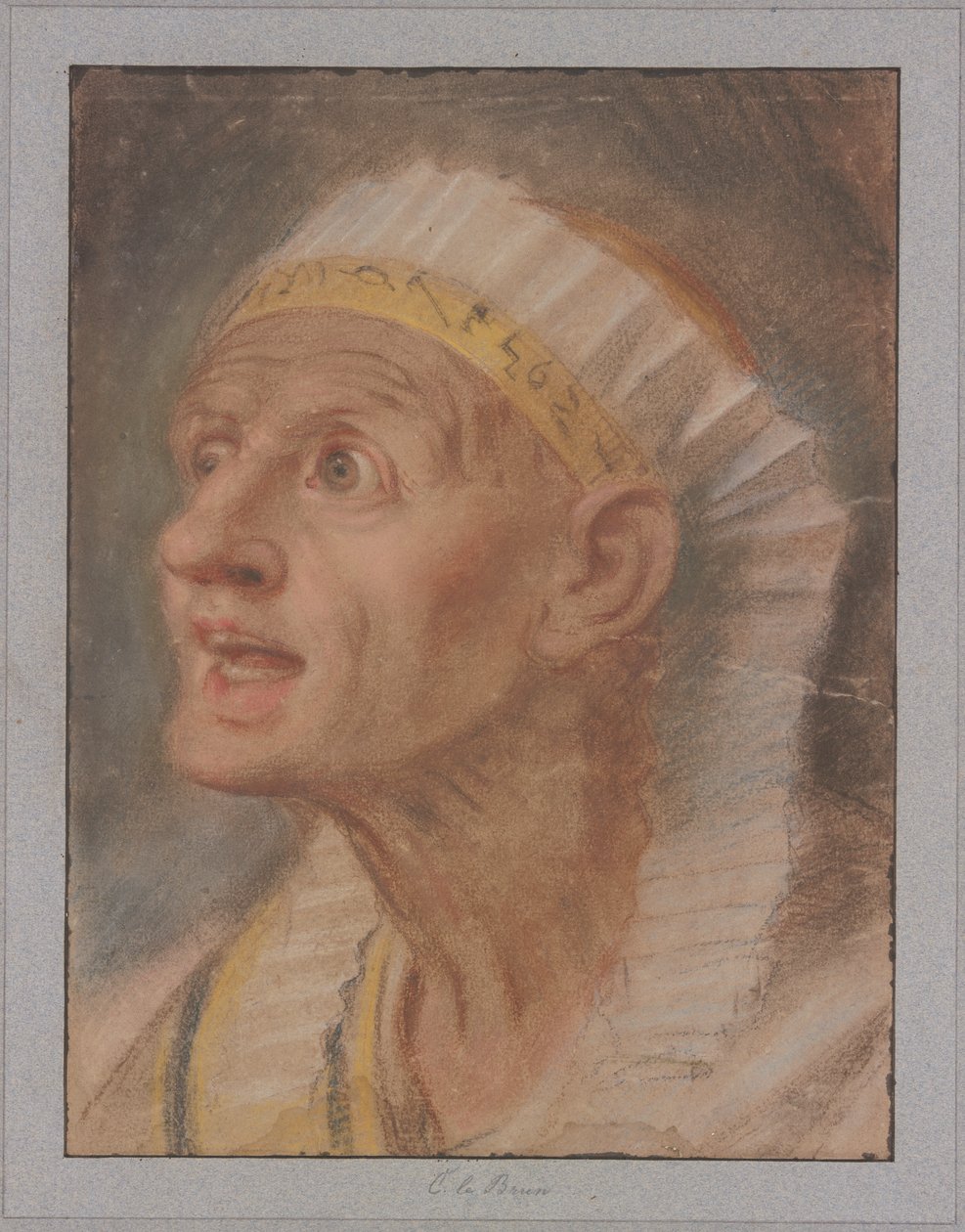 Huvud av en drottning med egyptisk huvudbonad ur ”Drottningarna vid Alexander den stores fötter” av Charles Le Brun