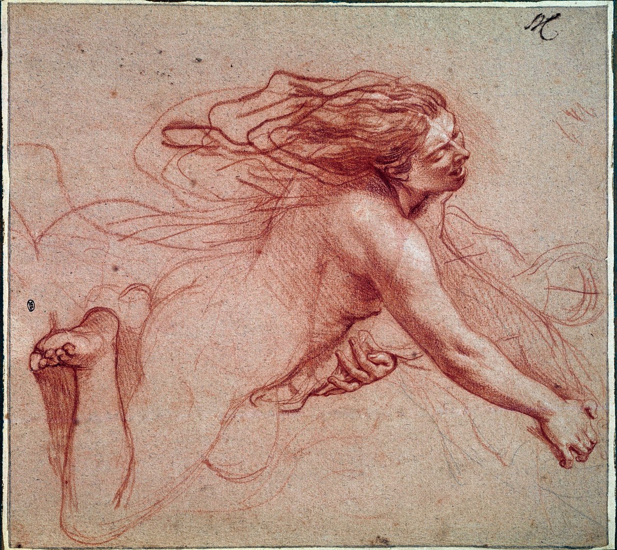 Naken kvinna på knä. Teckning av Charles Lebrun av Charles Le Brun