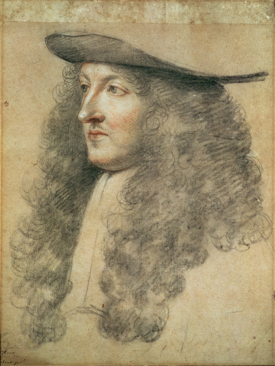 Porträtt Huvud av kung Ludvig XIV, ca 1663 (svart, röd och vit krita på papper) av Charles Le Brun