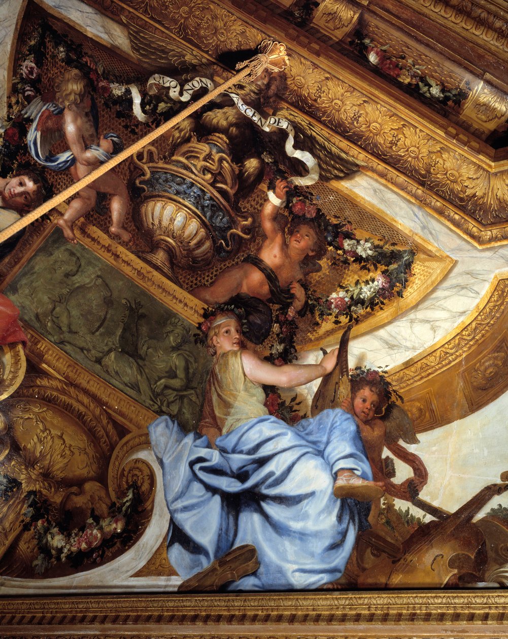 Salon des muses, detalj: musiken. Målning i trompe l