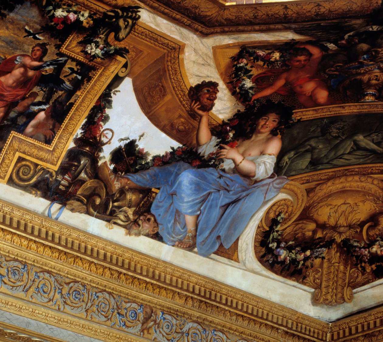 Thalie, en av muserna, beskyddare av komedi och pastoral poesi Detalj av målningarna av Salon des Muses av Charles Lebrun (Le Brun) (1619-1690) 1600-talets Chateau de Vaux Le Visomte (Vaux-Le-Vicomte), Seine et Marne. av Charles Le Brun