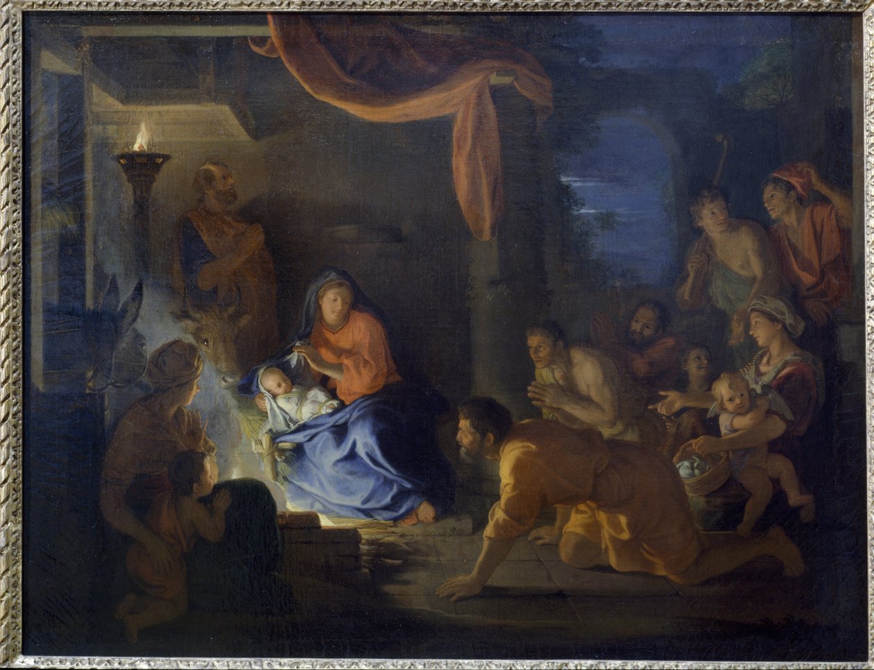 Tillbedjan av herdarna. (Olja på duk av Charles Le Brun