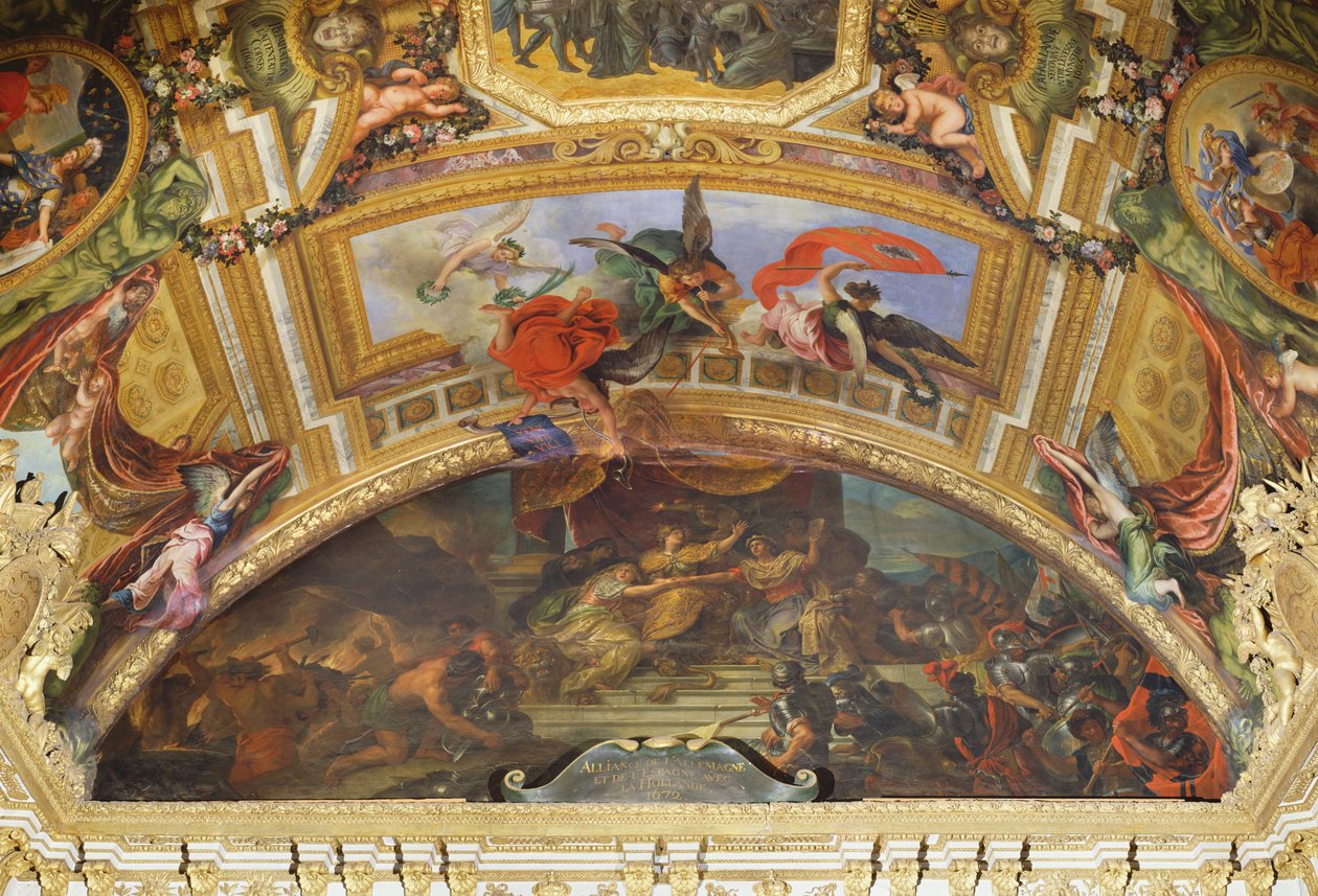 Alliansen mellan Tyskland och Spanien med Holland, 1672, takmålning från Galerie des Glaces av Charles Le Brun