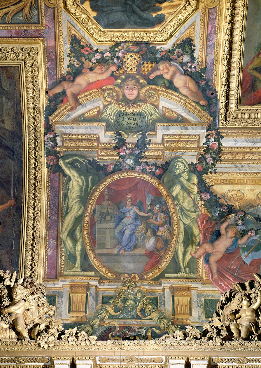 Grunden av Hotel Royal des Invalides 1674, takmålning från Galerie des Glaces av Charles Le Brun