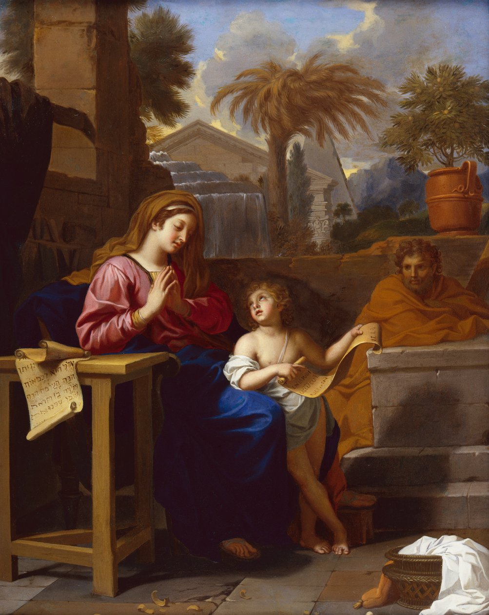 Den heliga familjen i Egypten med spädbarnet Kristus som läser en hebreisk skrift (olja på duk) av Charles Le Brun