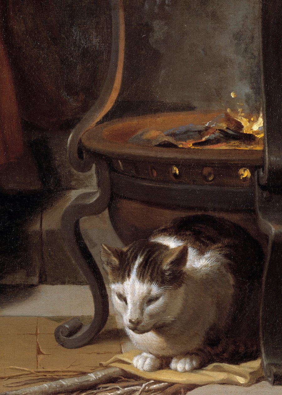The Sleep of the Child Jesus Detalj som visar en katt som sover under spisen. Målning av Charles Lebrun (Le Brun) (1619-1690) 1655 Sön. 0,87x1,18 m av Charles Le Brun