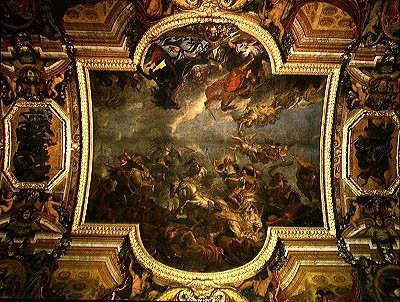 Vy över kungen som intog Maastricht på tretton dagar 1673 och passagen på Rhen i närvaro av fiender 1672, takmålning från Galerie des Glaces av Charles Le Brun