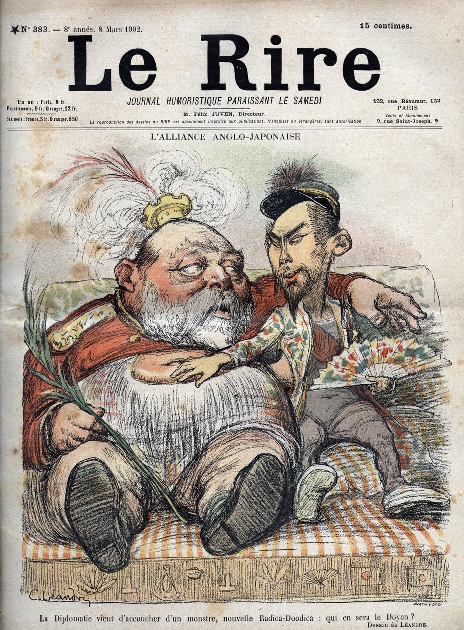Anglo-Japanese Alliance (Japanese Anglo 1902) Diplomati har precis fött ett monster, nya Radica-Doodica: vem blir dekanus? - Kung Edward VII - KARIKATUR 1902 av Charles LEANDRE (1862-1934) för The Laughter av Charles Leandre