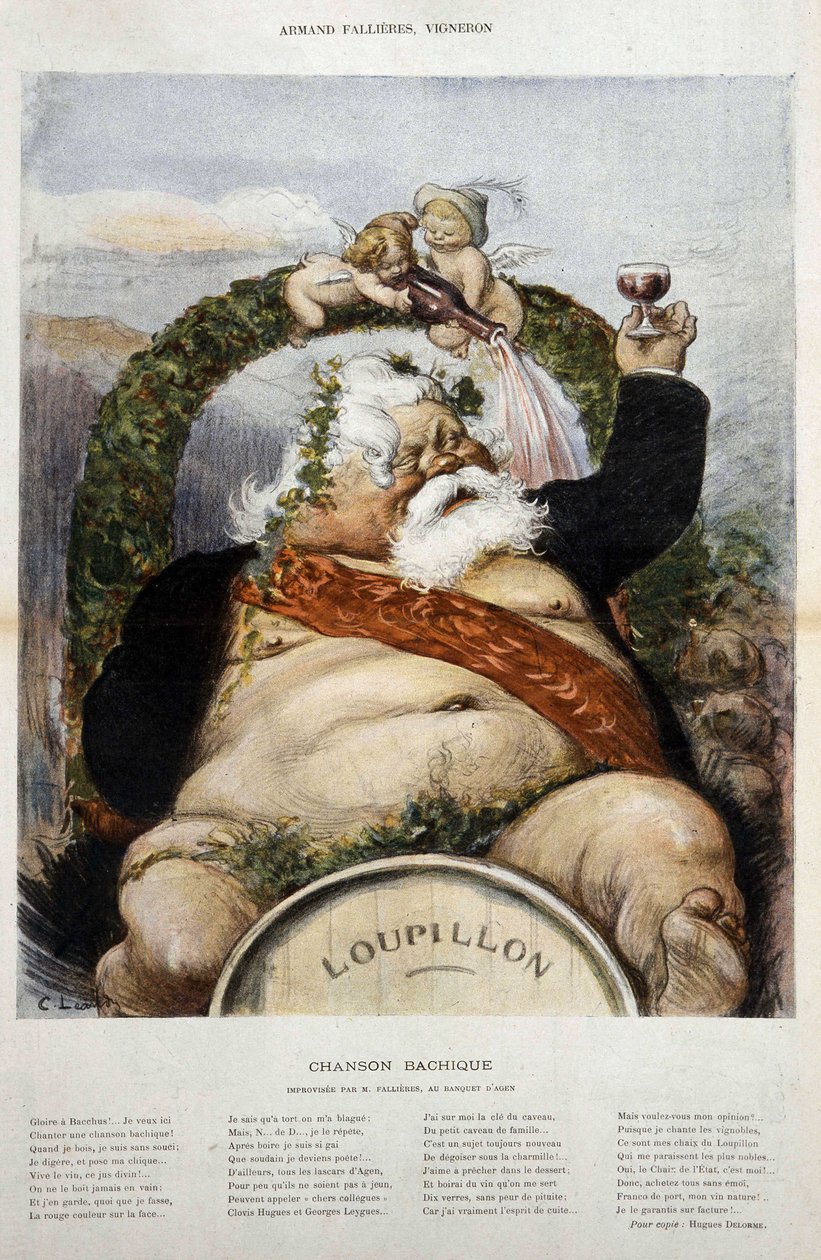 Armand Fallières, vinmakare: karikatyr av Fallières en Bacchus (Bacco) - i "" le Laughter "" från okt 1906 av Charles Leandre