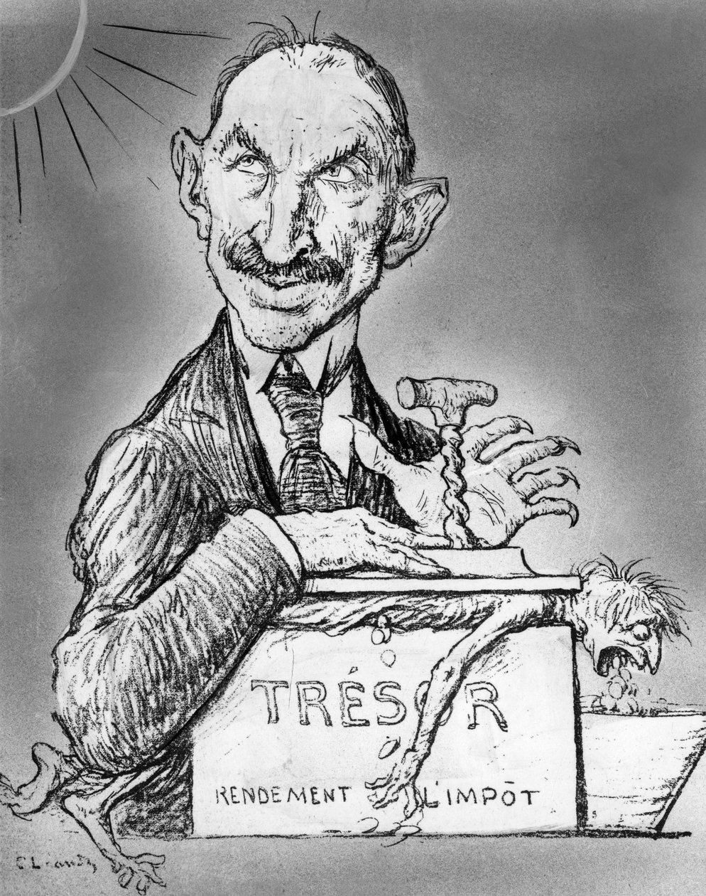 Tecknad serie av Charles Leandre av den franske finansministern Charles de Lasteyrie publicerad i tidningen Le Rire 26 november av Charles Leandre