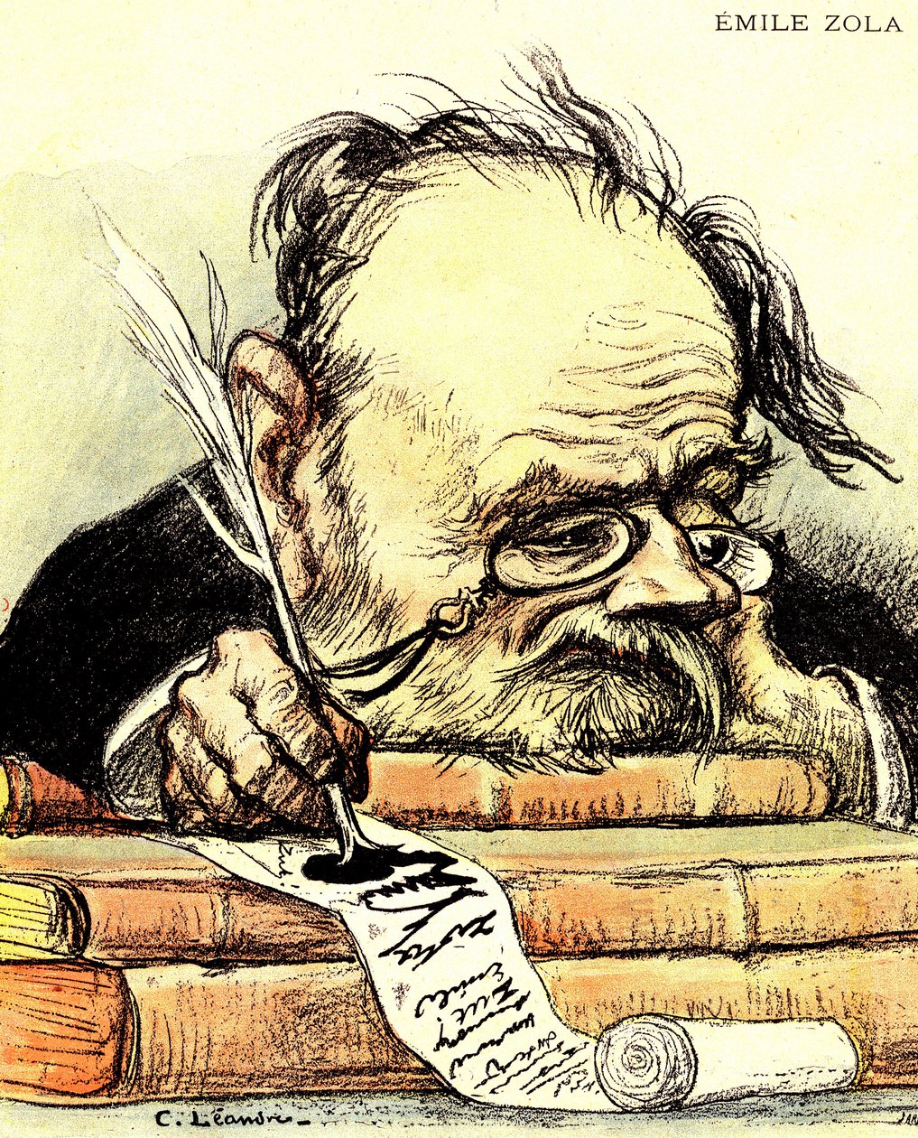 Tecknad av Emile Zola (1840-1902) skriver, uppenbart saknad inspiration - Illustration av Charles Leandre i "The Rire"" av Charles Leandre