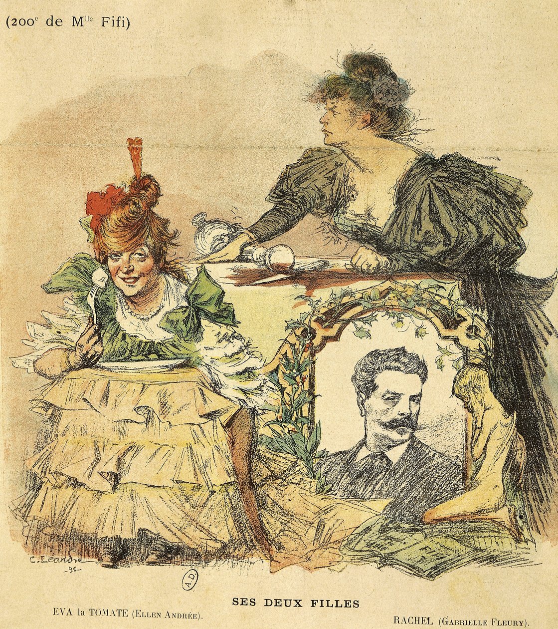 Tecknad film för de tvåhundrade föreställningarna av Mademoiselle Fifi, från romanen av Guy de Maupassant (1850-1893) (illustration) av Charles Leandre