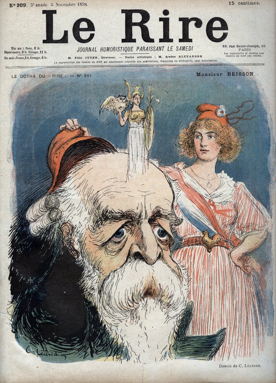 Eugene Henri Brisson (1835-1912), fransk advokat, journalist och politiker - Marianne lyfter en röd mössa från Bressons huvud och från hennes huvud tycks gudinnan Athena stiga upp med alla attribut - karikatyr av Charles Leandre (1862-1934) i "" Le Rire””” av Charles Leandre