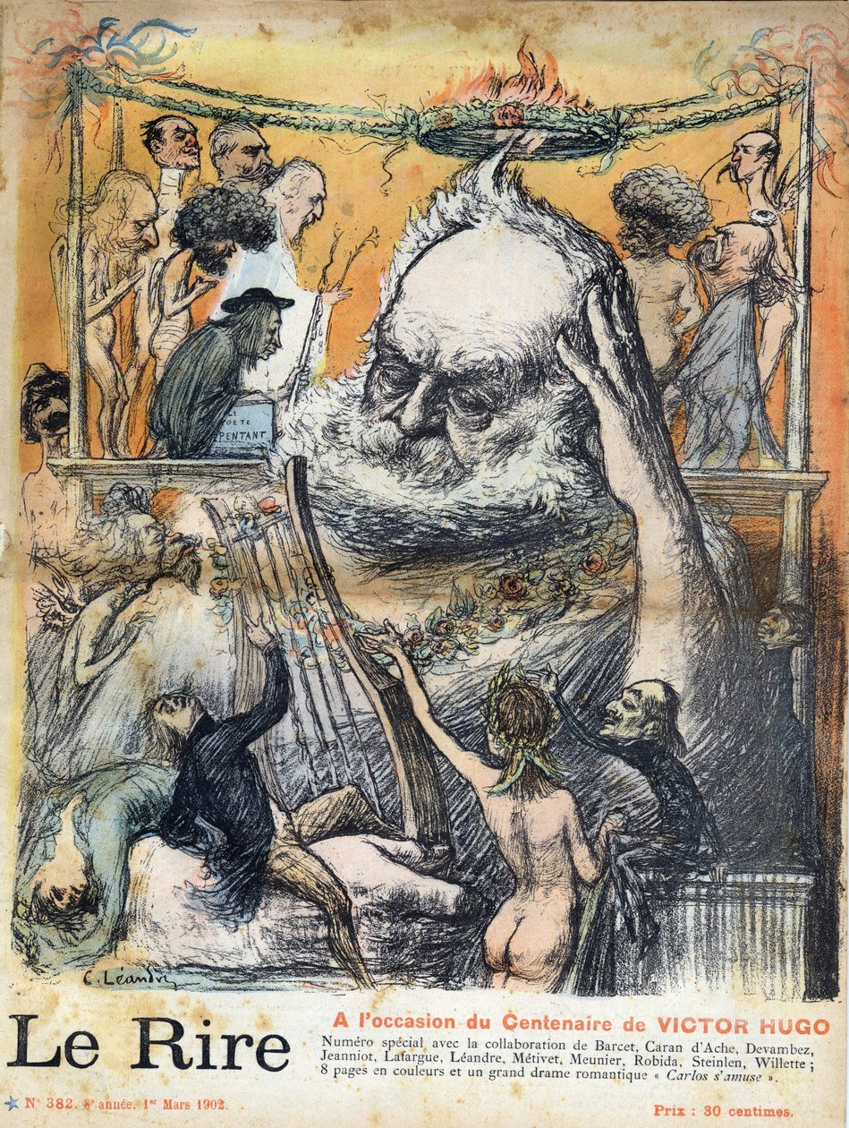 Första sidan i tidningen "" Le rire"" av den 1 mars 1902 tillägnad hundraårsminnet av födelsen Victor Hugo: Victor Hugo tecknad av Charles Leandre - Victor Hugo fransk författare, av Charles Leandre, första sidan av tidningen i mars 1902 av Charles Leandre