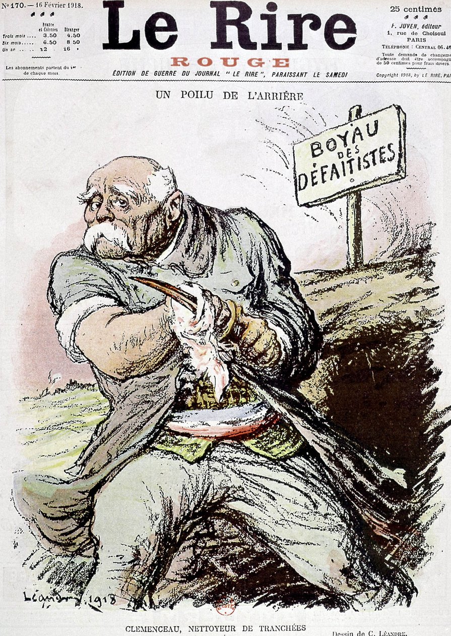 Georges Clemenceau (1841-1929) fransk politiker, tecknad av Leandre som visar honom som renaren av skyttegravarna, publicerad i tidningen "Le Rire" 16 februari 1918 av Charles Leandre