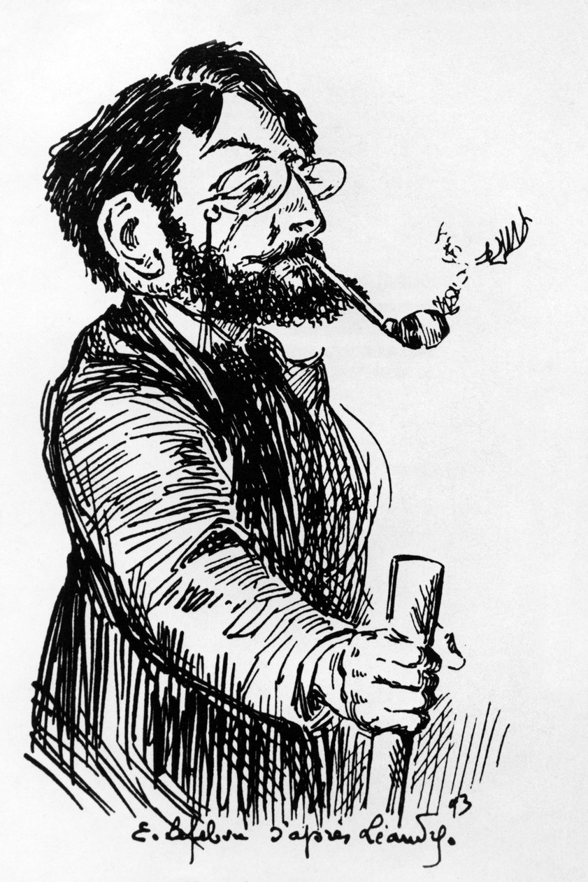 Henri Riviere (1864-1951) Fransk konstnär och designer (skuggspel på Cabaret Le Chat Noir), teckning av E. Lefebvre efter Leandre av Charles Leandre