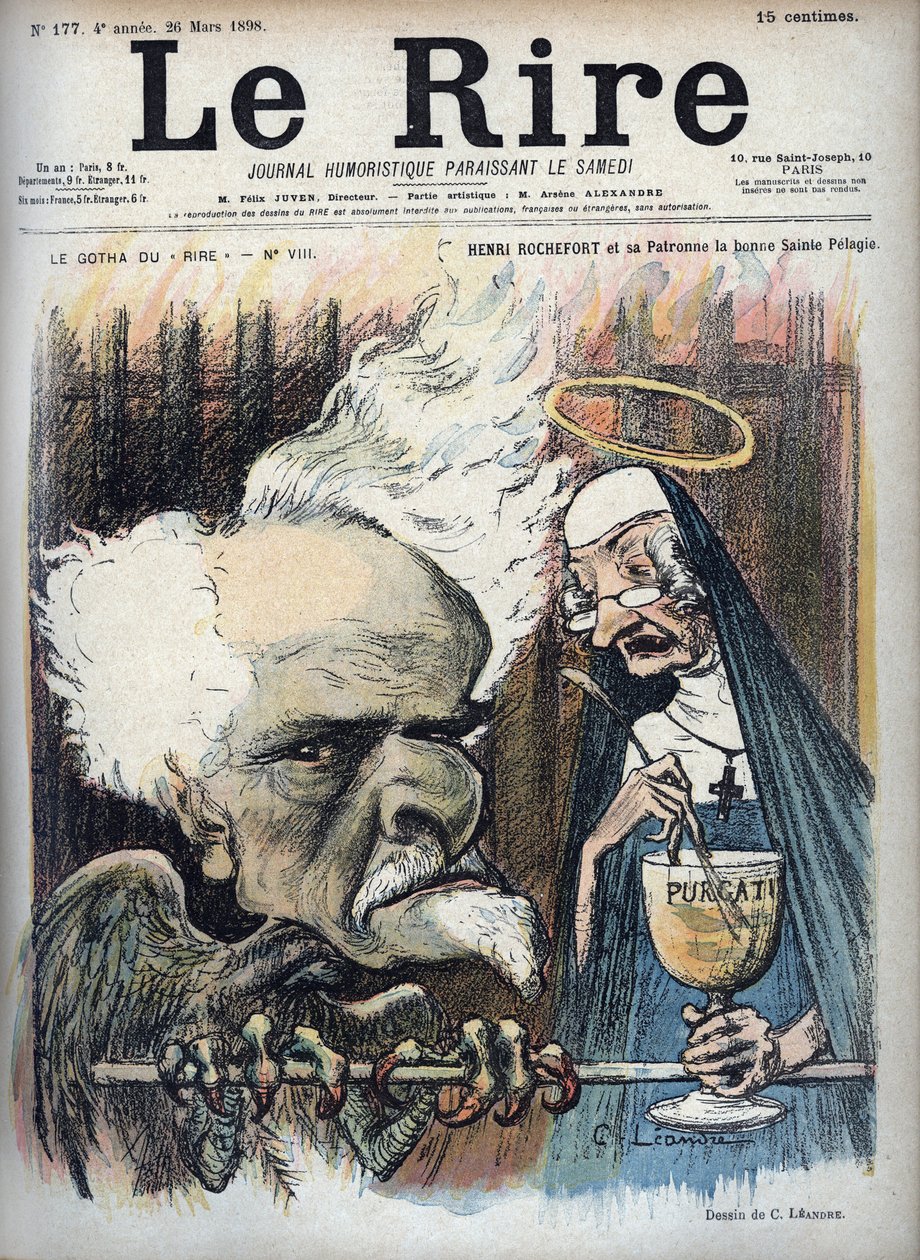 Henri Rochefort och hans skyddshelgon det goda helgonet Pelagie (Prison de la Sainte-Pelagie) - karikatyr av Charles Leandre (1862-1934) i "" Le Rire"" den 26 mars 1898 av Charles Leandre