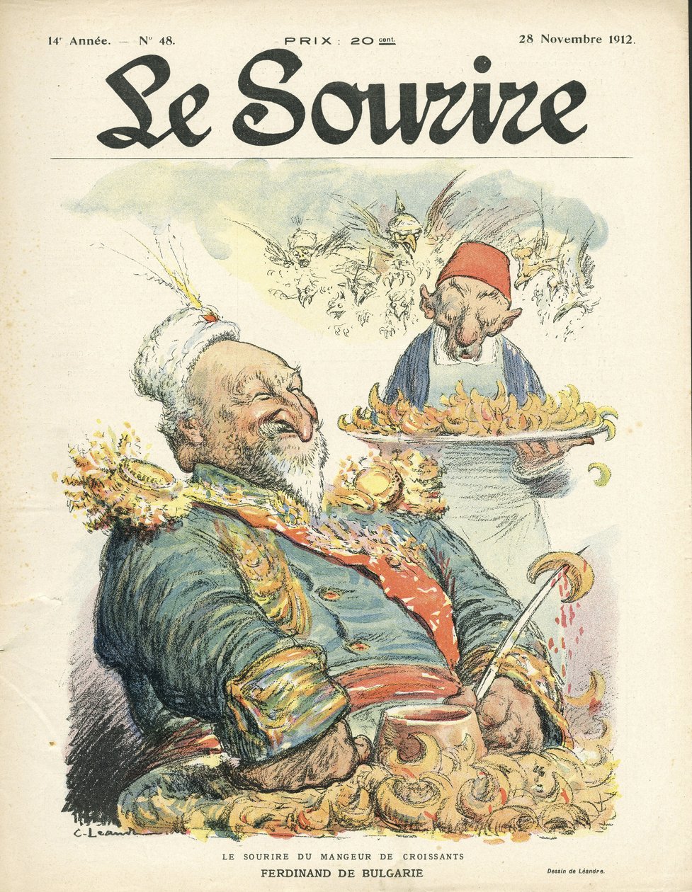 Illustration av Charles Leandre (1862-1934) för omslaget till Le Smile, nr 48, 28/11/12 - Croissantätarens leende - Turkiet, Orienten, Balkan, Bulgarien - Ferdinand de Bulgaria av Charles Leandre