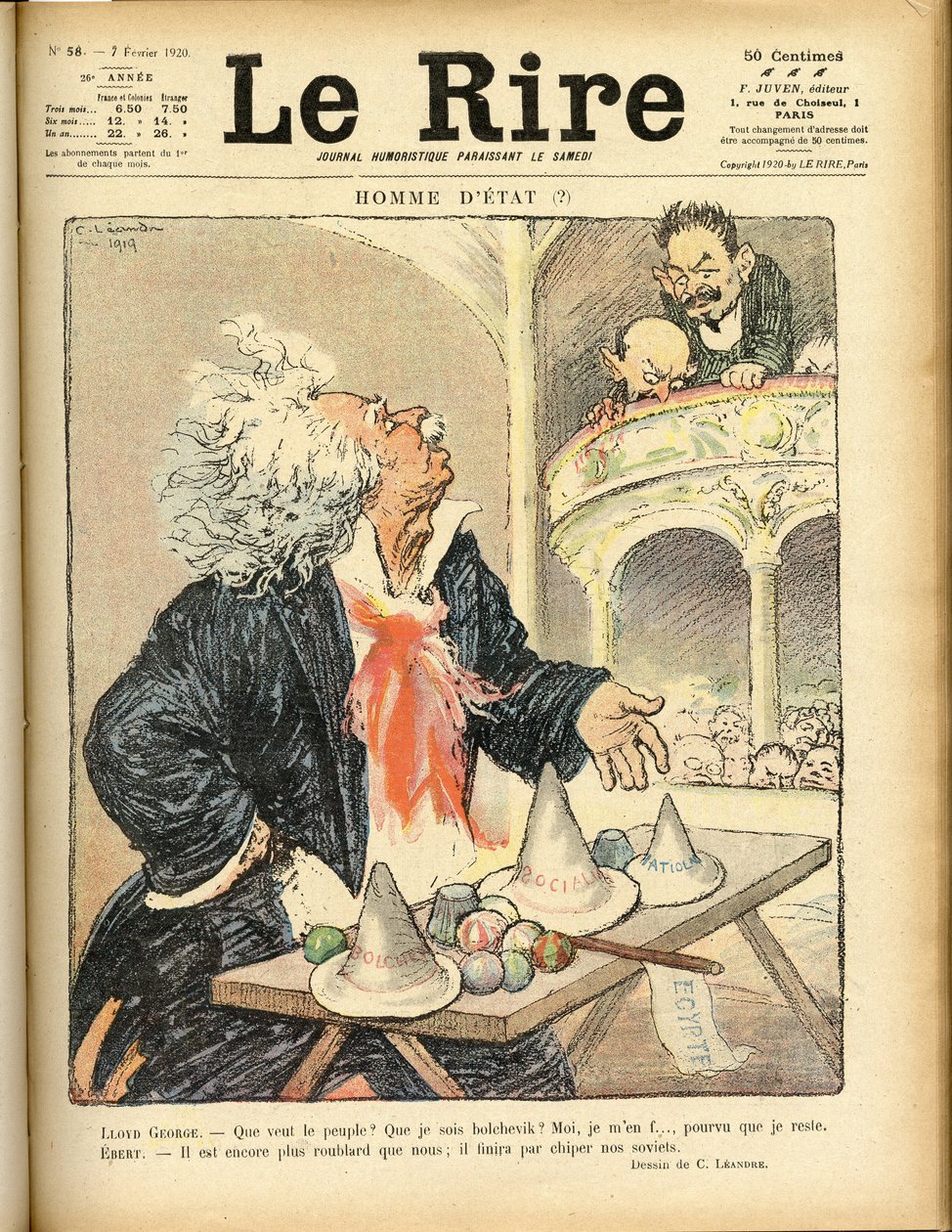 Illustration till omslaget till Le Rire, 1920-02-07 - Statsman - David Lloyd George och Ebert Friedrich (1871-1925) av Charles Leandre