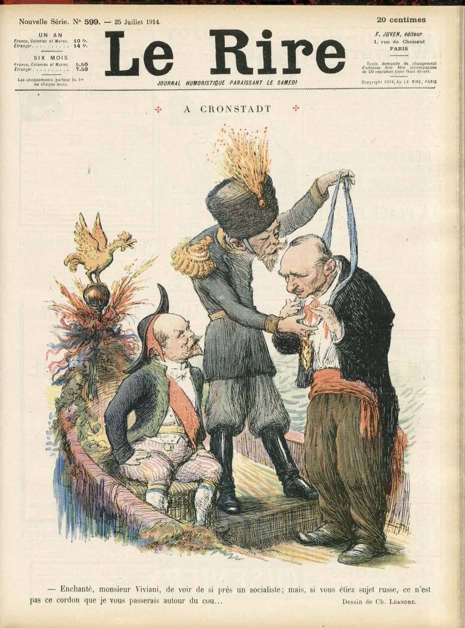 Illustration av Charles Leandre (1862-1934) för omslaget till Le Lire, 25/07/14 - "" Förtrollande Monsieur Viviani att se en socialist så nära, men om du var en rysk undersåte, så är det inte den tråden som jag skulle vidarebefordra till dig." - A crondsta av Charles Leandre