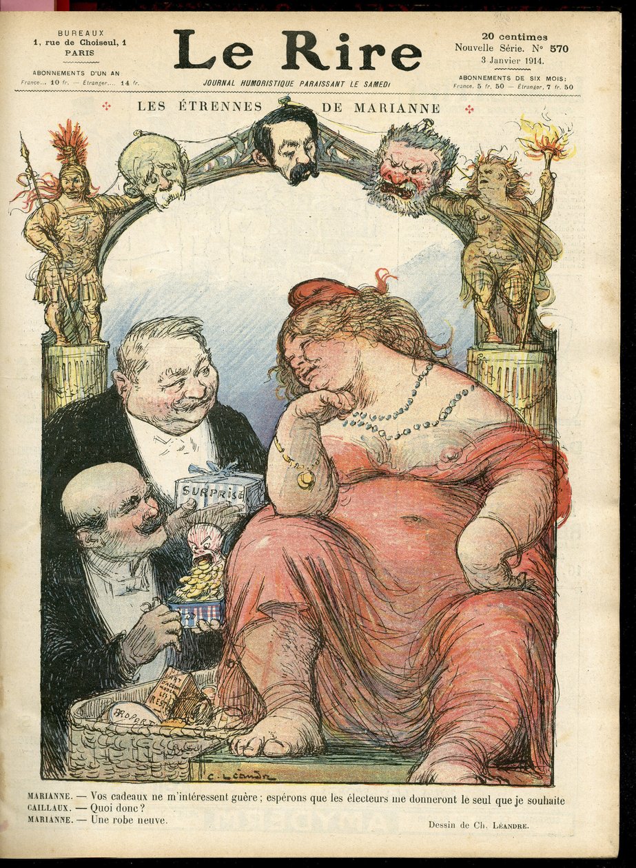Illustration av Charles Leandre (1862-1934) för omslaget till Le Rire, 03/01/14 - Les strennes de Marianne - Tribun - Clemenceau George, Jaures Jean, Briand Aristide, Marianne, Caillaux Joseph (1863-1944) av Charles Leandre