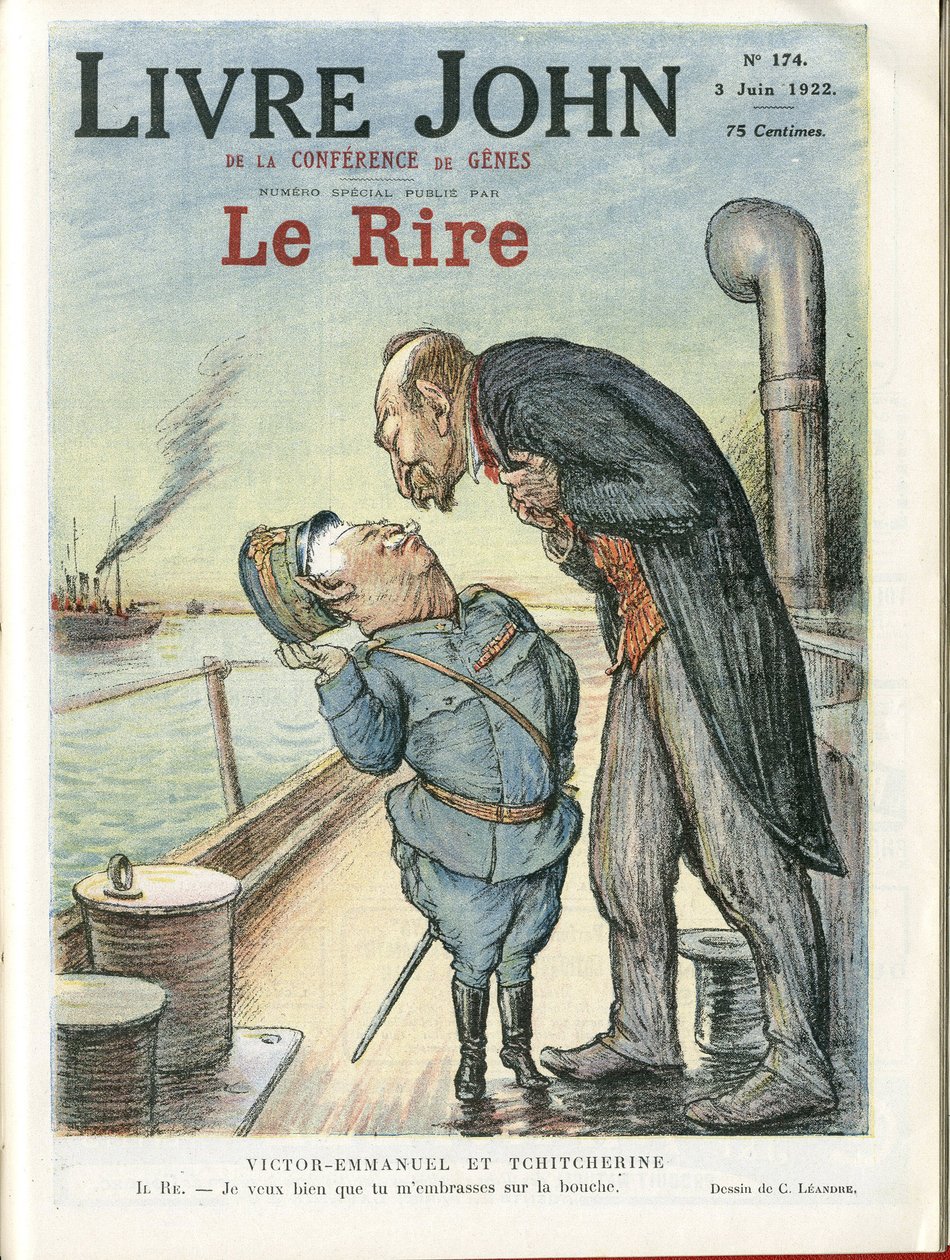 Illustration av Charles Leandre (1862-1934) för omslaget till Le Rire, 03/06/22 - Italien, USSR - Victor Emmanuel 1er, Gueorgui Titcherine (1872-1936) av Charles Leandre